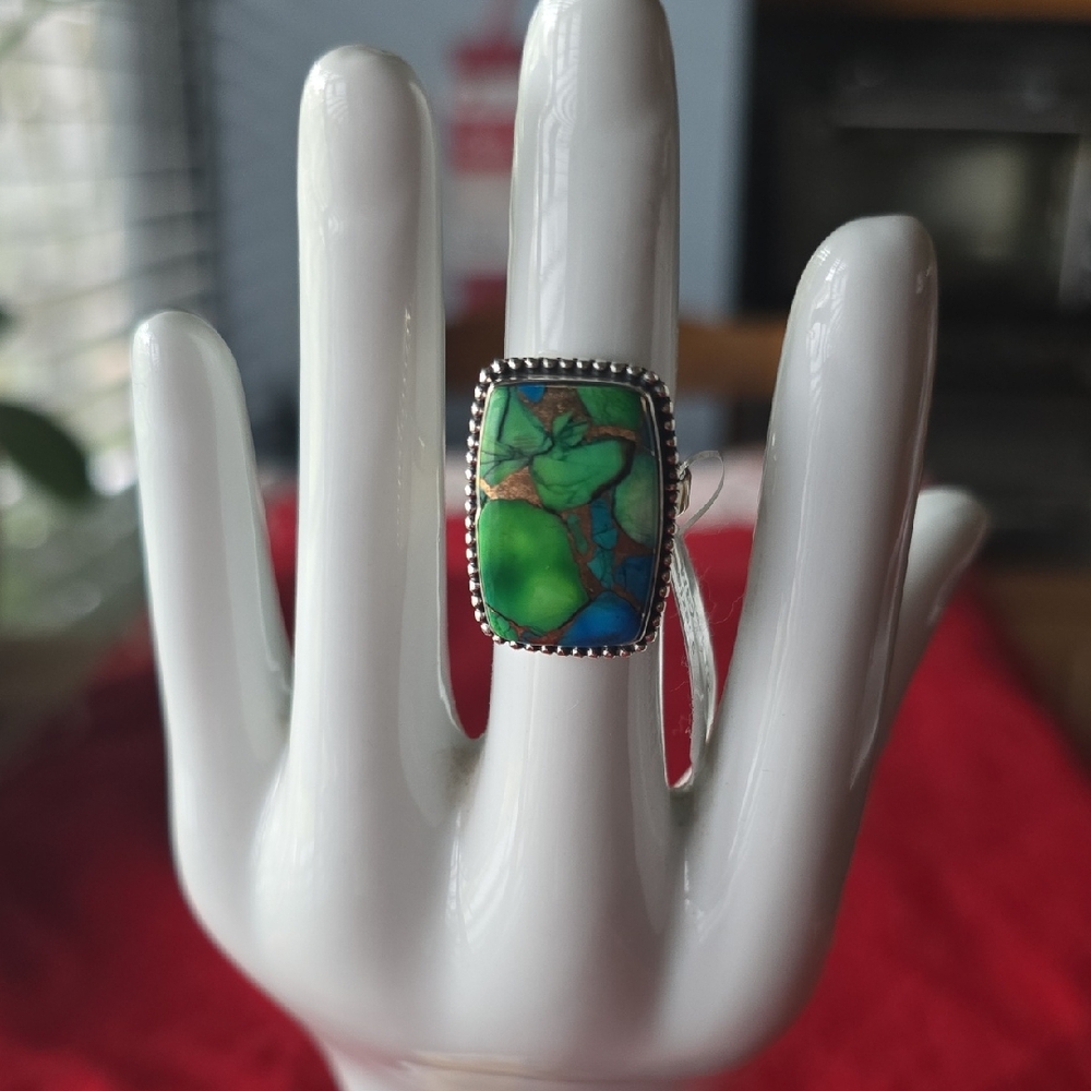 925 Sterling Silver Peacock Turquoise Ring~Sz 6